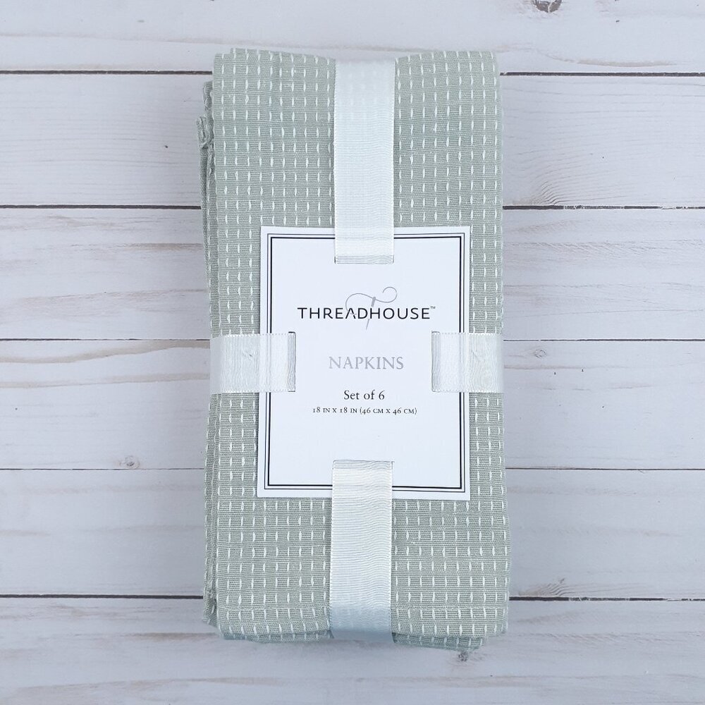 Threadhouse Fabric Dinner Napkins Set of 6 Sage Green White Dashes 18x18